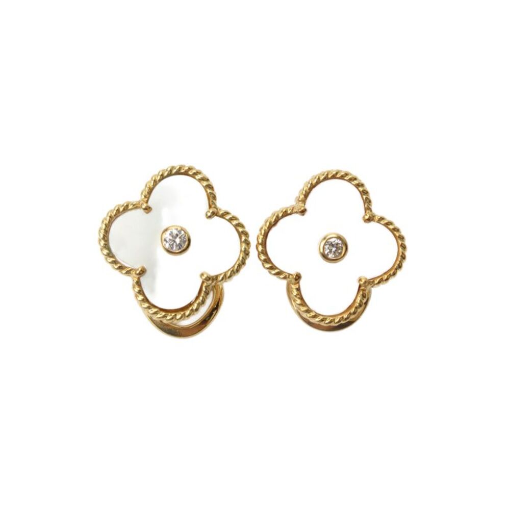 Designer Womens 18K Yellow Gold Mother of Pearl + Diamond Clover Earrings 7.1g